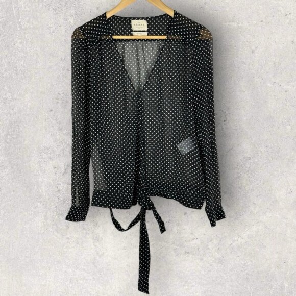 Sezane 100% Silk Wrap Blouse Womens Size 40 French US 8 Polka Dot Top Black Ecru - Picture 4 of 15
